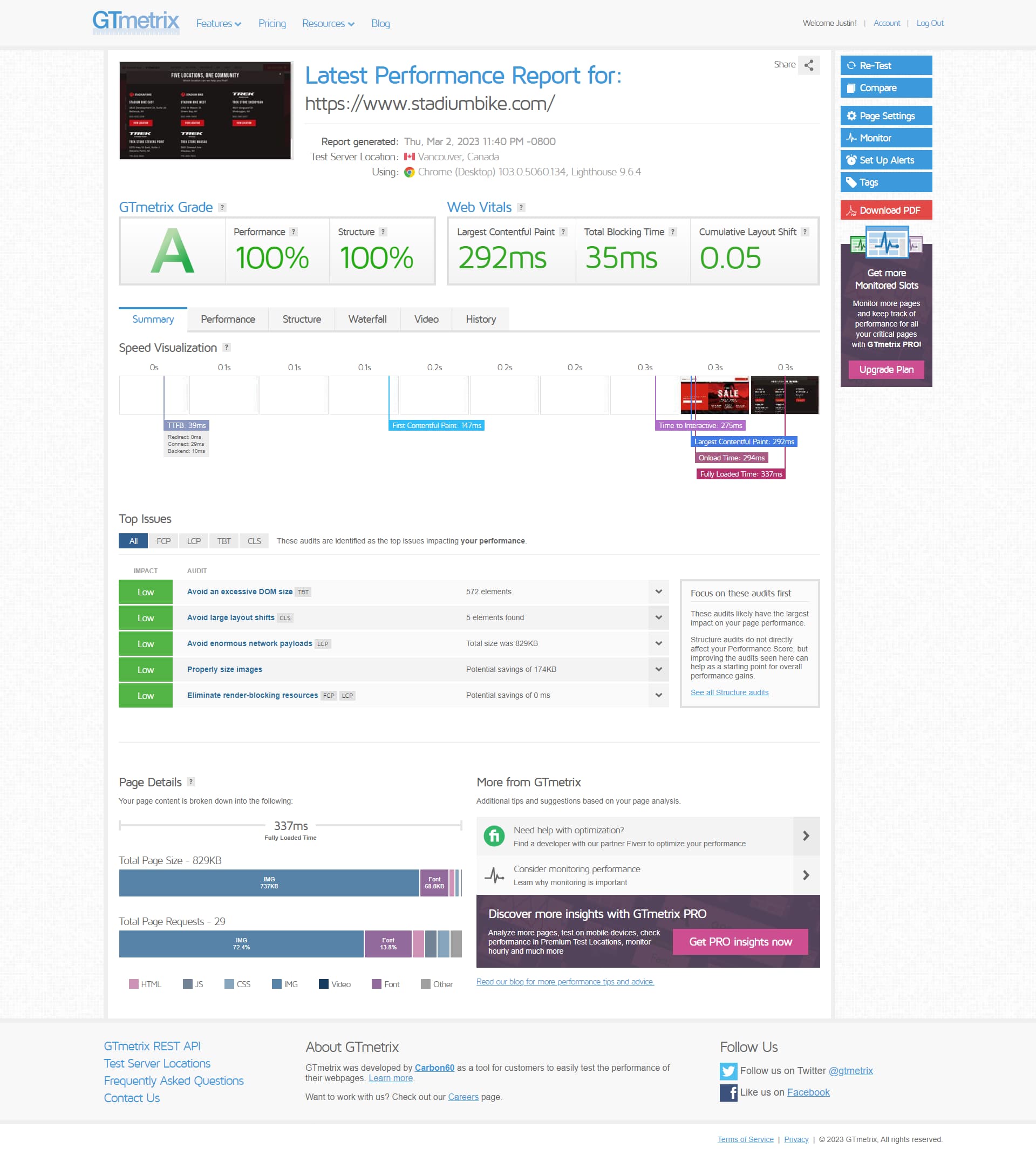 Stadium Bike Website GTmetrix Performance Screenshot